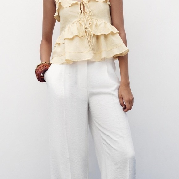 Zara Pale Yellow Ruffled Linen Blend Tie Front Lace Trim Camisole Top - Picture 4 of 10